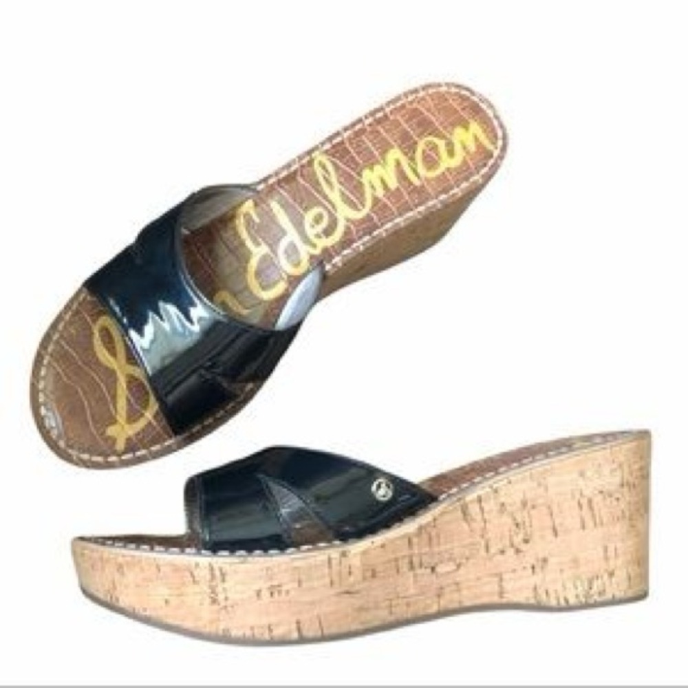 Sam Edelman Reid cork wedge platform slide with patent leather details